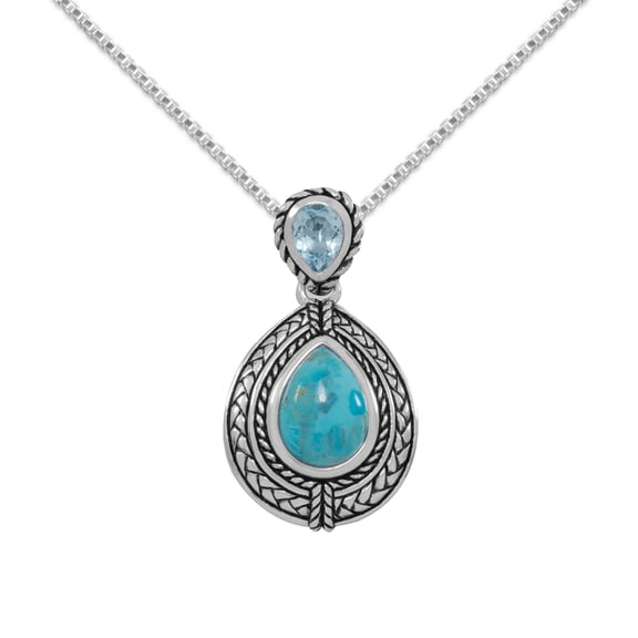 Precious Stars Oxidized Sterling Silver Turquoise and Blue Topaz Drop Pendant with 1.5mm Box Chain