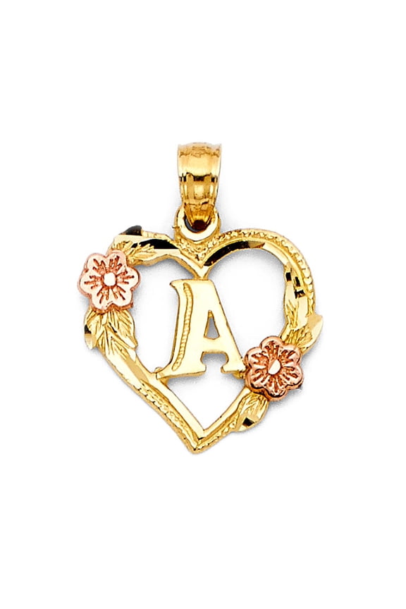 14k Two-tone Gold Flower and Heart-shaped Initial 'A' Pendant