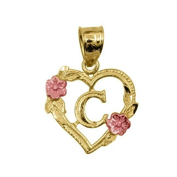 Precious Stars PT-2052-C 14K Two Tone Gold Flower & Heart-Shaped Initial C Pendant