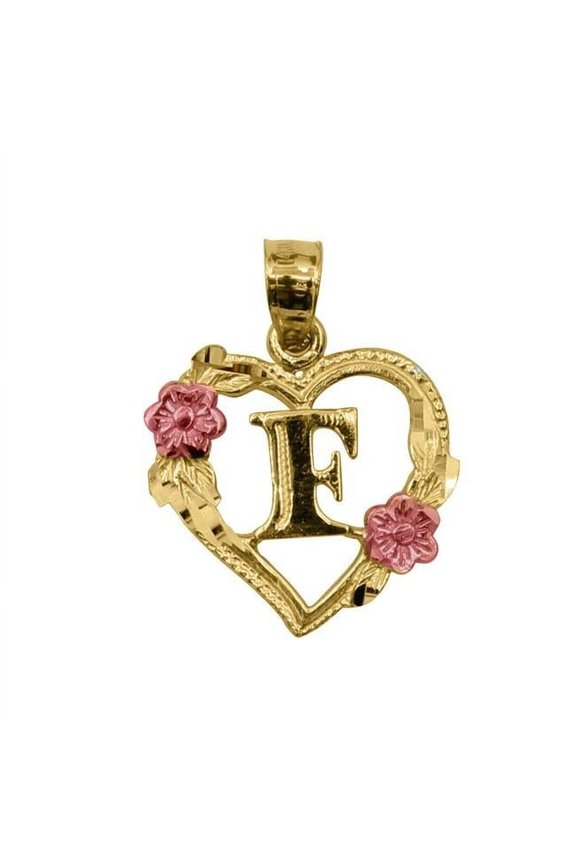 PT-2052-F 14K Two Tone Gold Flower & Heart-Shaped Initial F Pendant