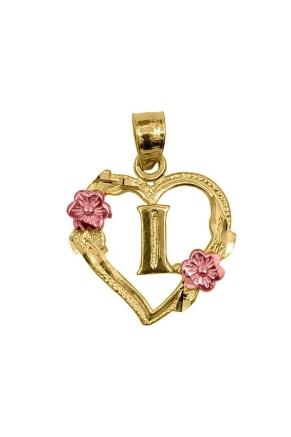 PT-2052-I 14K Two Tone Gold Flower & Heart-Shaped Initial I Pendant