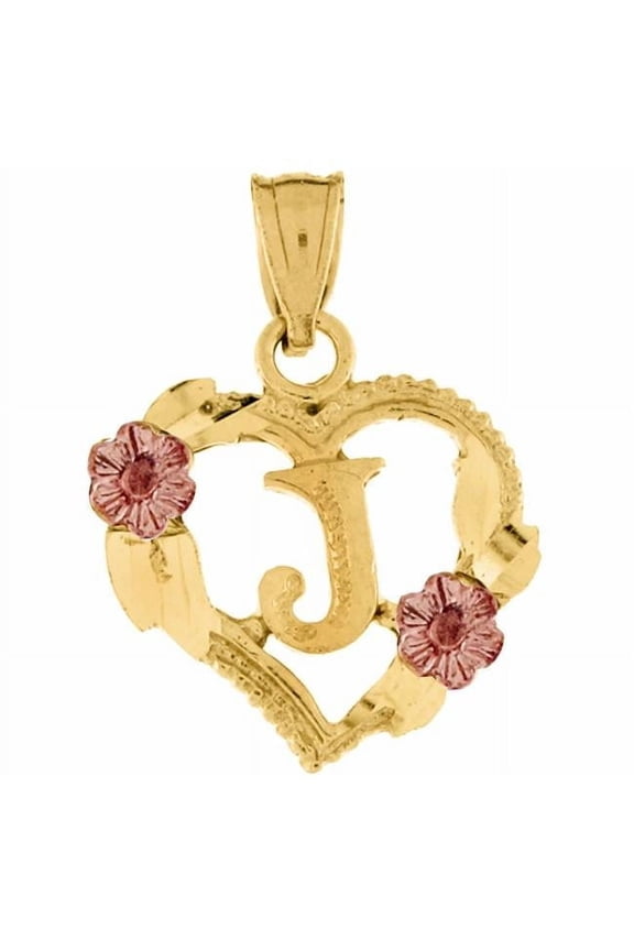 PT-2052-J 14K Two Tone Gold Flower & Heart-Shaped Initial J Pendant