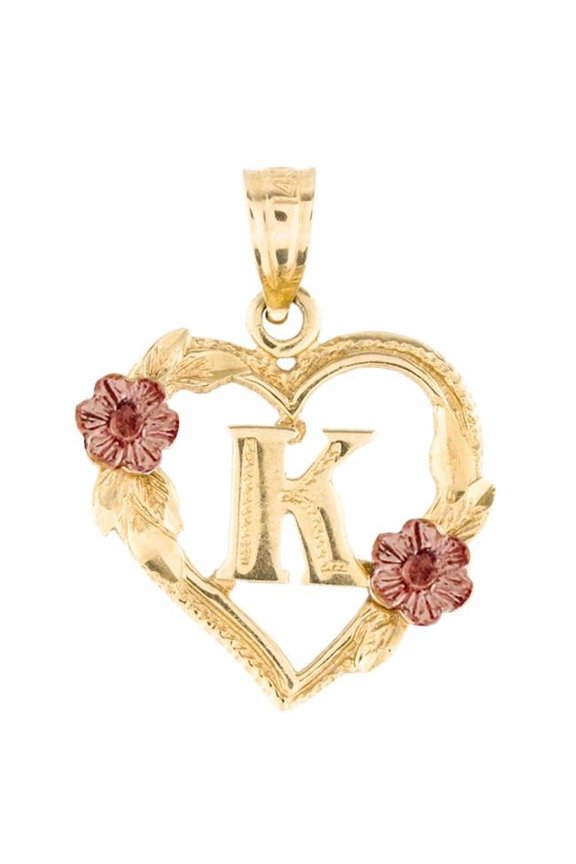 PT-2052-K 14K Two Tone Gold Flower & Heart-Shaped Initial K Pendant