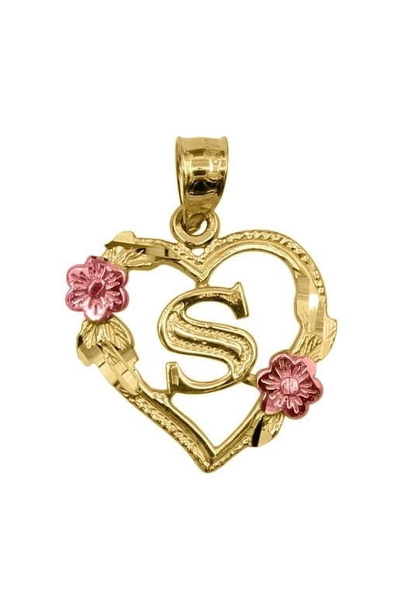PT-2052-S 14K Two Tone Gold Flower & Heart-Shaped Initial S Pendant
