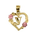 thumbnail image 1 of Precious Stars PT-2052-V 14K Two Tone Gold Flower & Heart-Shaped Initial V Pendant, 1 of 1
