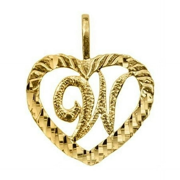 Precious Stars PT-2054-W 14K Yellow Gold Diamond-Cut Heart-Shaped Initial Letter W Pendant