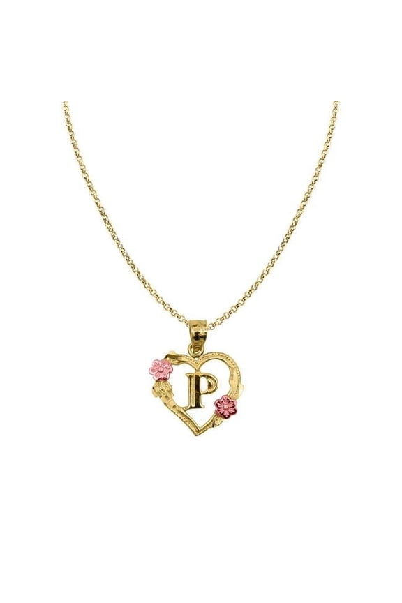 PT2052P-CH227-18 18 in. 14K Two Tone Gold Flower & Heart-Shaped Initial P Pendant with 1.2 mm Rolo Chain