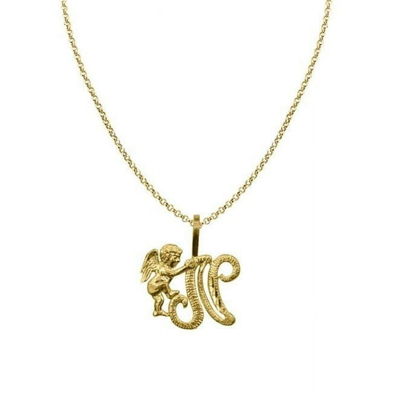Precious Stars PT2053N-CH227-20 20 in. 14K Yellow Gold Cherub & Cursive Initial Letter N Pendant with 1.2 mm Rolo Chain