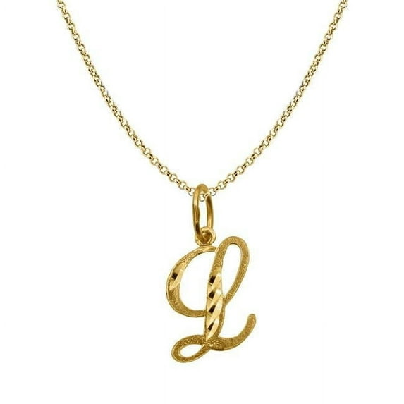 Precious Stars PT2055L-CH227-16 16 in. 14K Yellow Gold Diamond-Cut Cursive Letter Initial L Pendant with 1.2 mm Rolo Chain