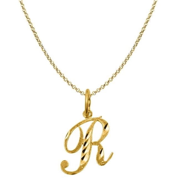 Precious Stars PT2055R-CH227-22 22 in. 14K Yellow Gold Diamond-Cut Cursive Letter Initial R Pendant with 1.2 mm Rolo Chain