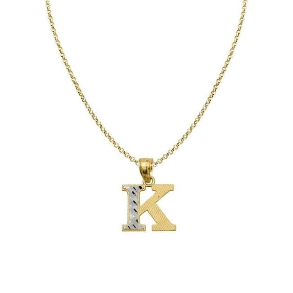 Precious Stars PT2056K-CH227-20 20 in. 14K Two Tone Gold Diamond-Cut Initial Letter K Pendant with 1.2 mm Rolo Chain