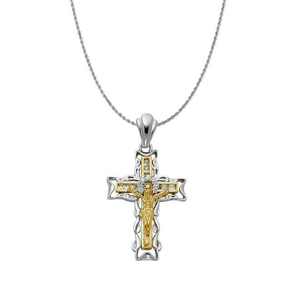 Precious Stars PT935-CH143-20 2 mm 14k Two-tone Gold Cubic Zirconia Fancy Cross Pendant with Solid Rope Chain