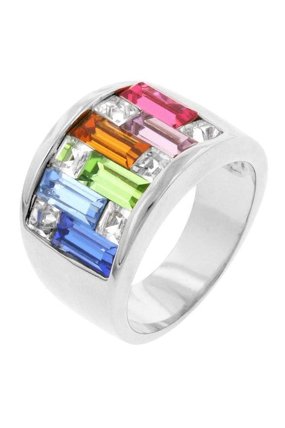 R05339R-V01-05 Precious Stars Goldtone Finish Baguette Bright Rainbow Crystals Fancy Wide Band
