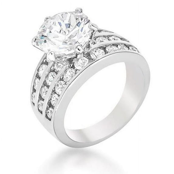 Precious Stars R05629R-C01-10 Precious Stars Rhodium Round-Cut Clear Cubic Zirconia Fancy 3-Row Engagement Ring