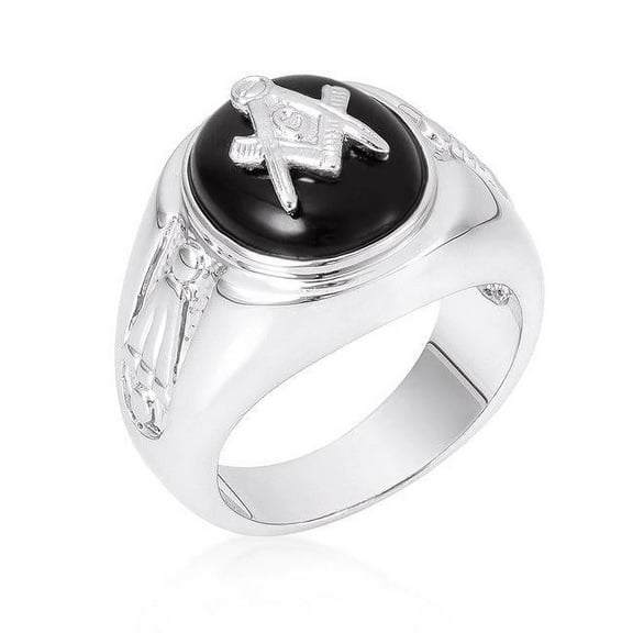 Precious Stars R06003R-C03-09 Precious Stars Silvertone Men's Black Onyx Masonic Ring