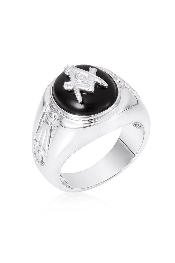 R06003R-C03-14 Precious Stars Silvertone Men's Black Onyx Masonic Ring