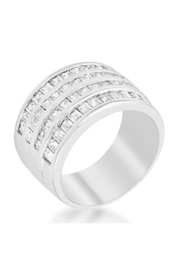 R06482R-C01-07 Precious Stars Silvertone Princess and Baguette-Cut Cubic Zirconia 4-Row Wide Band