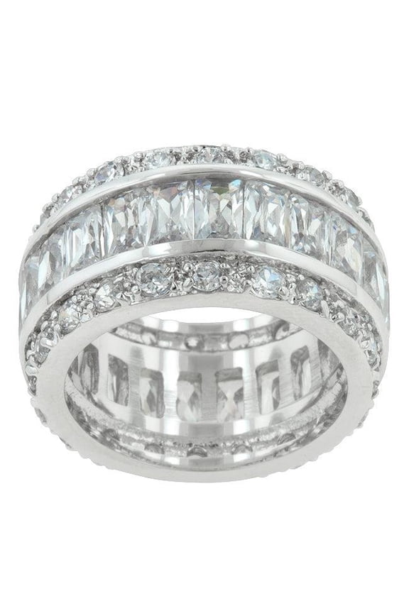 R07234R-C01-08 Precious Stars Silvertone Emerald and Round-Cut Cubic Zirconia 3-Row Eternity Band
