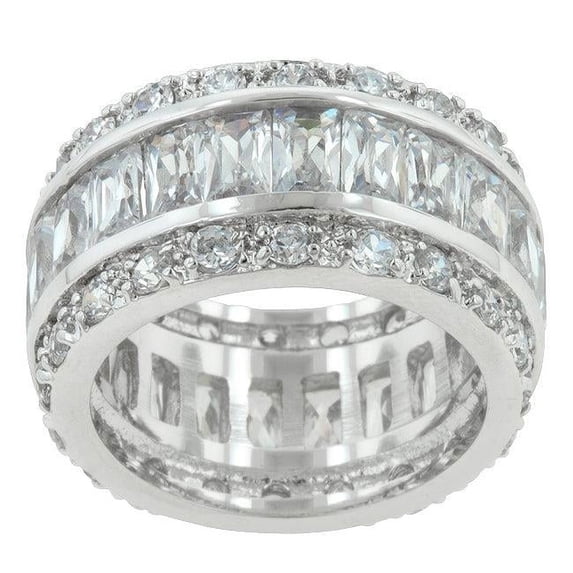 Precious Stars R07234R-C01-09 Precious Stars Silvertone Emerald and Round-Cut Cubic Zirconia 3-Row Eternity Band