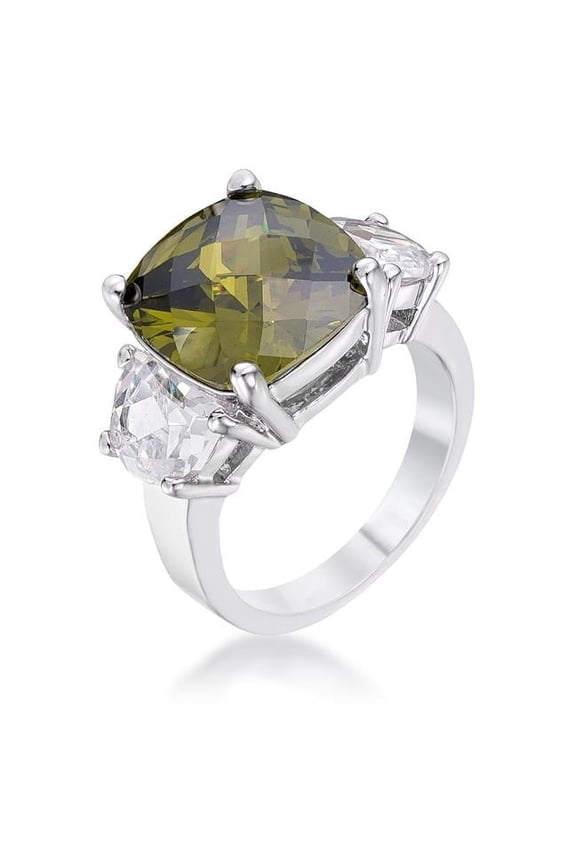R07409R-C42-10 Precious Stars Silvertone Cushion-Shape Olive Green Cubic Zirconia 3-Stone Ring