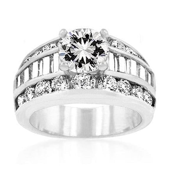 Precious Stars R07483R-C01-05 Precious Stars Silvertone Dazzling Round-Cut and Side Stone Engagement Ring