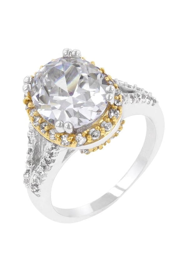 R07685T-C01-05 Precious Stars Silver and Goldtone Oval-Cut Cubic Zirconia Engagement Ring