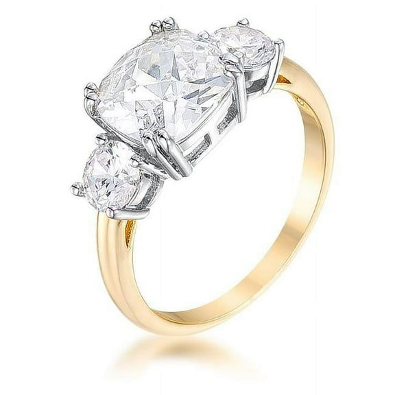 Precious Stars R08602T-C01-05 Precious Stars Silver and Goldtone Cushion-Cut Cubic zirconia 3-Stone Engagement Ring