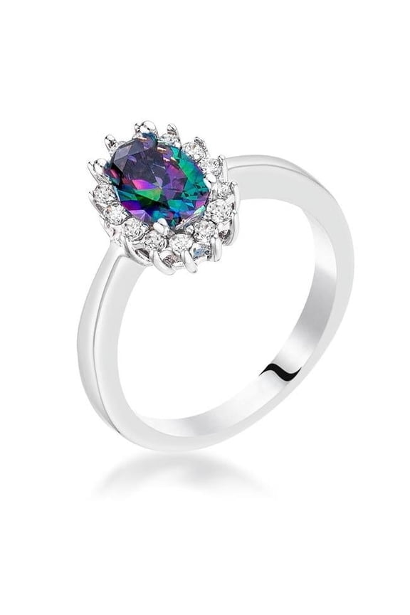 R08630R-C19-08 Precious Stars Silvertone Mystic Cubic Zirconia Oval-Cut Halo Engagement Ring