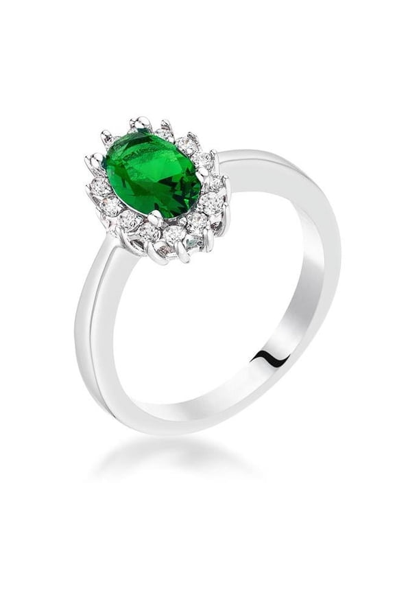 R08630R-C40-08 Precious Stars Silvertone Emerald Green Cubic Zirconia Oval-Cut Halo Engagement Ring