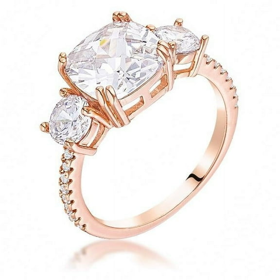 Precious Stars R08709A-C01-08 Precious Stars Rose Goldtone Cushion-Cut Cubic Zirconia 3-Stone Engagement Ring