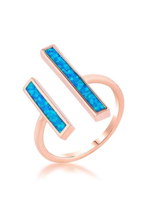 R08712A-V01-06 Precious Stars Rose Goldplated Geometric Double Bar Blue Opal Open Ring