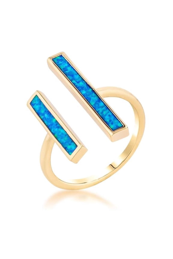 R08712G-V01-10 Precious Stars 18k Goldplated Geometric Double Bar Blue Opal Open Ring