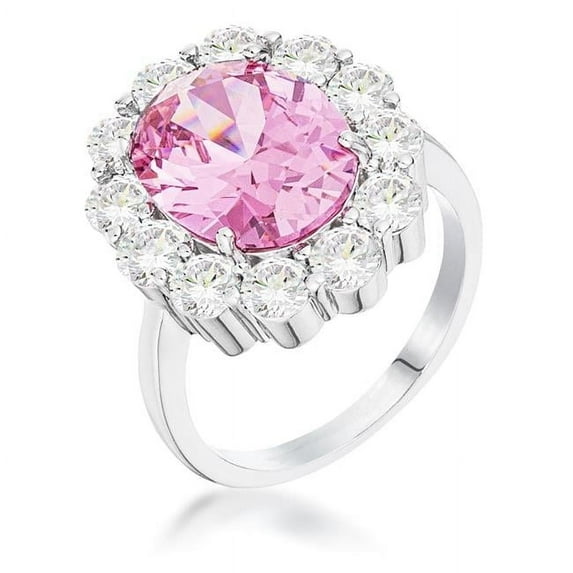 Precious Stars R08720R-C12-10 Precious Stars Silvertone Oval-Cut Pink Cubic Zirconia Large Halo Ring