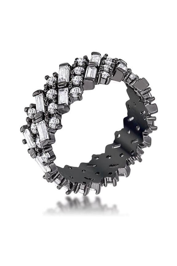 R08725B-C01-08 Precious Stars Blackplated Round and Baguette-Cut Cubic Zirconia Eternity Band