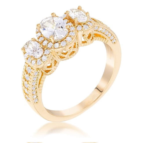 Precious Stars R08738G-C01-06 Precious Stars Goldtone Oval-Cut Cubic Zirconia 3-Stone Halo Ring