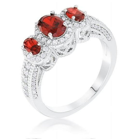Precious Stars R08738R-C13-06 Precious Stars Silvertone Oval-Cut Ruby Red Cubic Zirconia 3-Stone Halo Ring