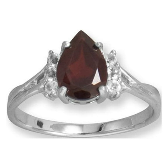 Precious Stars Rhodium Plated Sterling Silver Garnet and White Topaz Ring