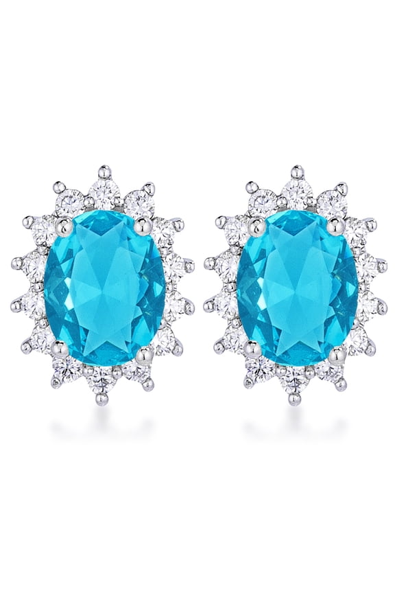 Silvertone Aqua Blue Cubic Zirconia Oval Royal Earring Studs