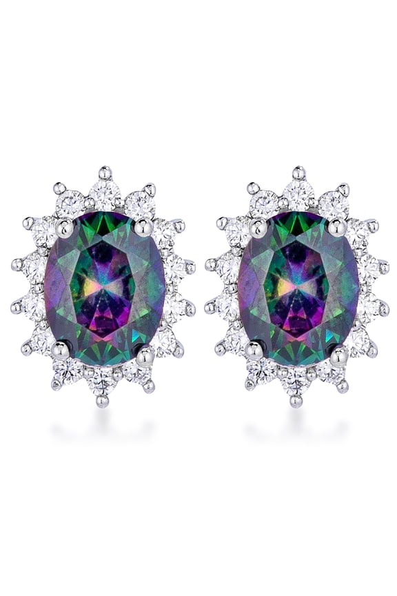 Silvertone Aurora Borealis Cubic Zirconia Oval Royal Earrings