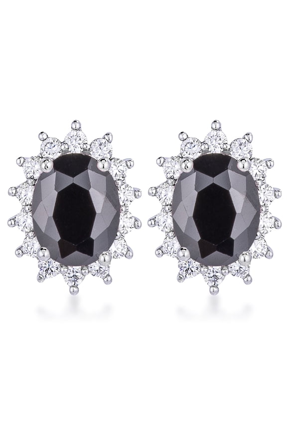 Silvertone Black Cubic Zirconia Oval Royal Earring Studs