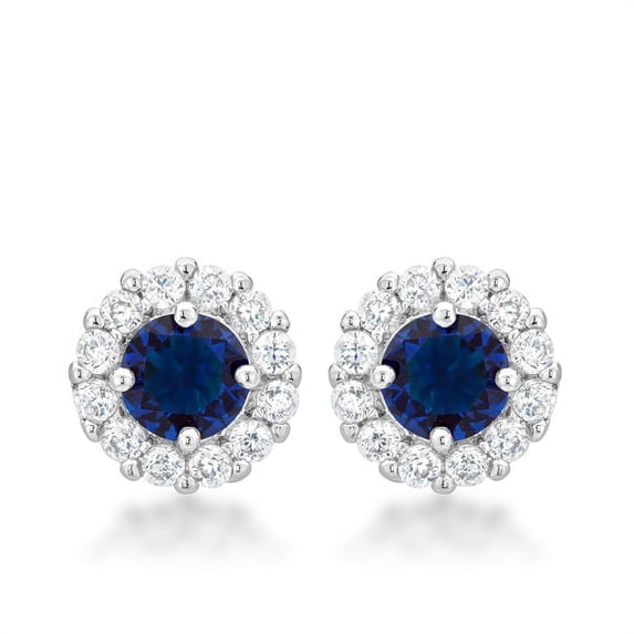 Precious Stars Silvertone Blue Cubic Zirconia Halo Stud Earrings