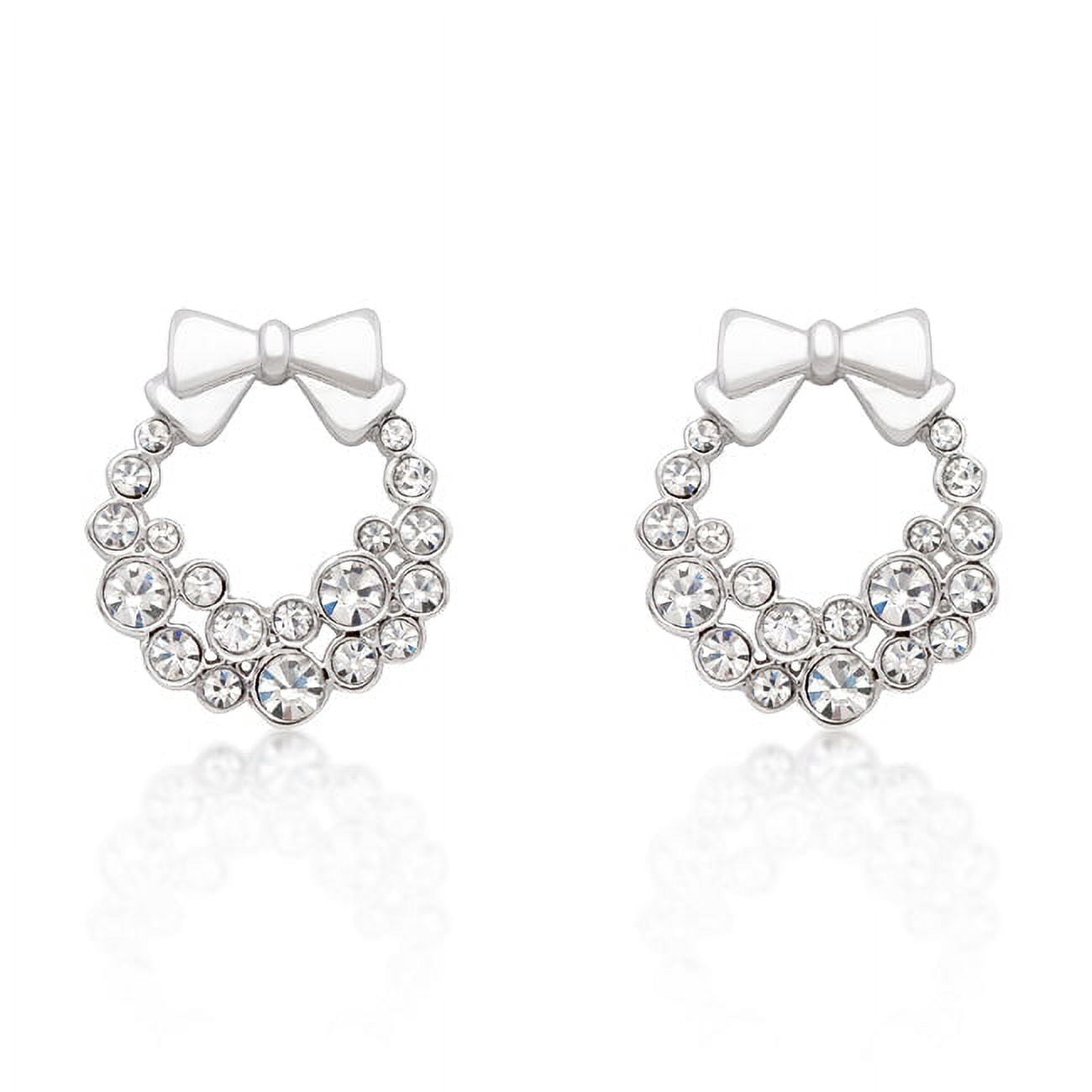 Precious Stars Silvertone Clear Crystal Wreath With Bow Holiday Earrings