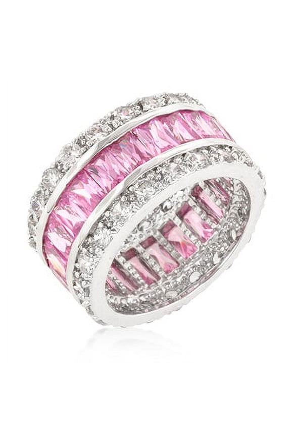 Silvertone Emerald and Round-Cut Pink Cubic Zirconia 3-Row Eternity Band
