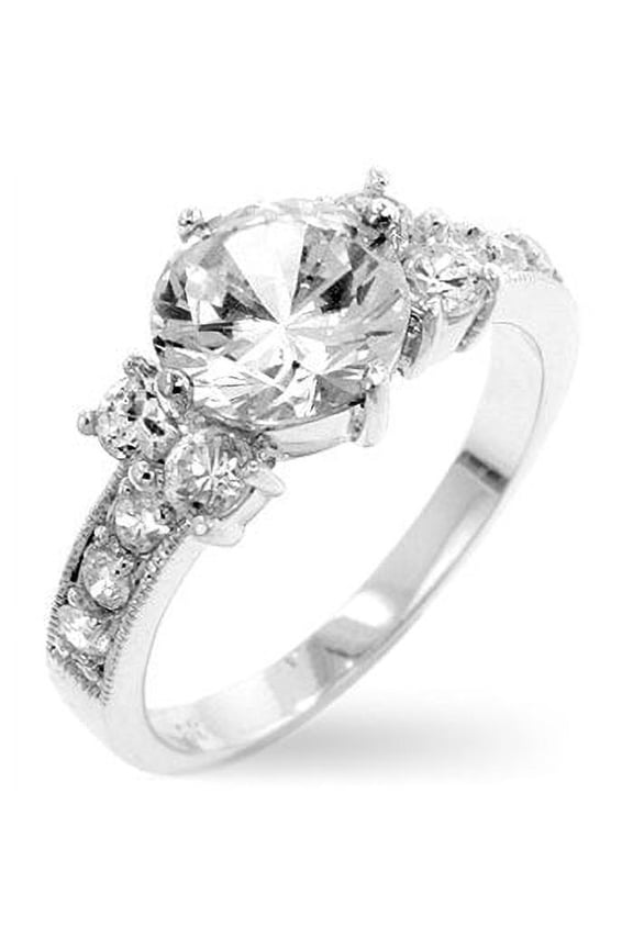 Silvertone Round-Cut Cubic Zirconia with Side Stones Engagement Ring