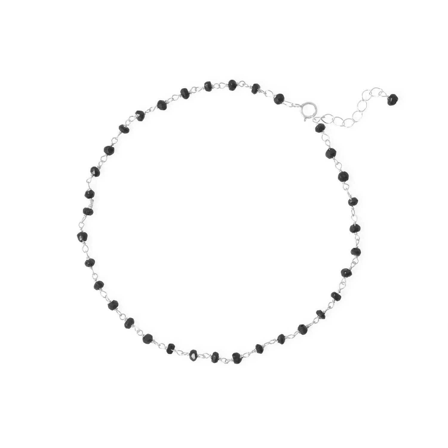 Precious Stars Sterling Silver Beaded Black Spinel Anklet- 9.5 Inches Long With 1 Inch Extension