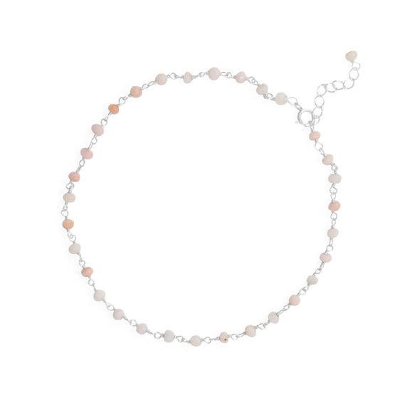 Precious Stars Sterling Silver Beaded Pink Opal Anklet- 9.5 Inches Long With 1 Inch Extension