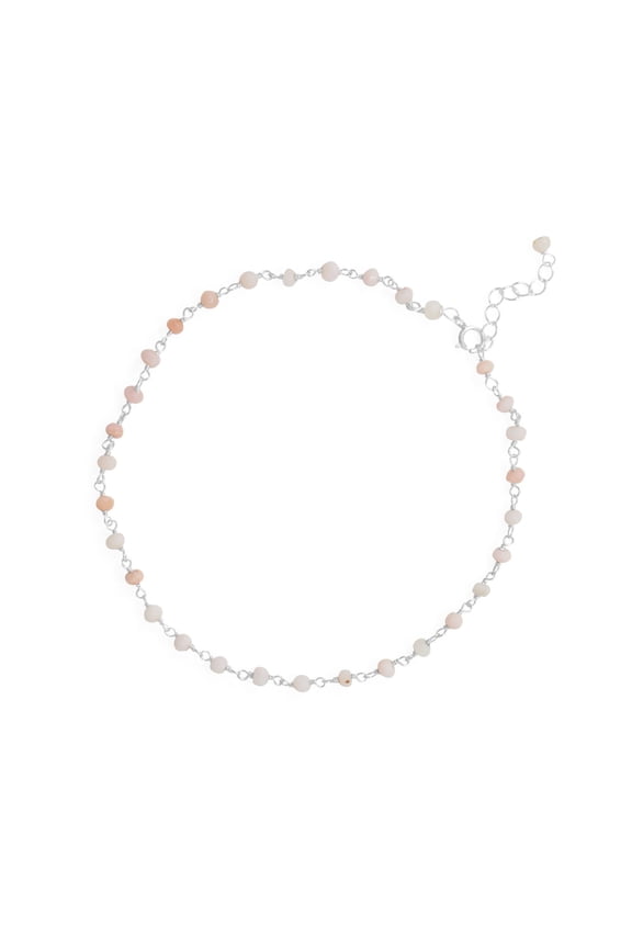 Sterling Silver Beaded Pink Opal Anklet- 9.5 Inches Long With 1 Inch Extension