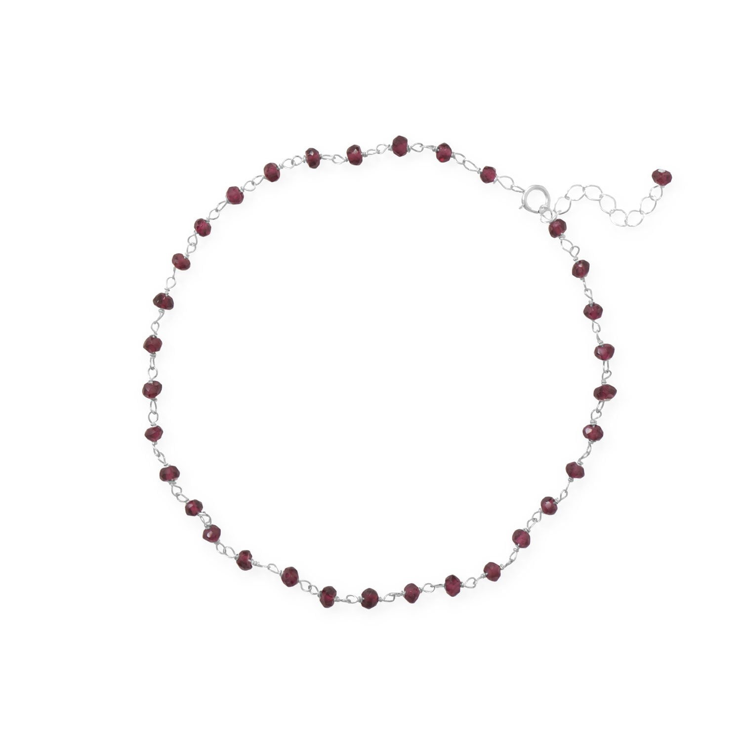 Precious Stars Sterling Silver Beaded Red Garnet Anklet- 9.5 Inches Long With 1 Inch Extension