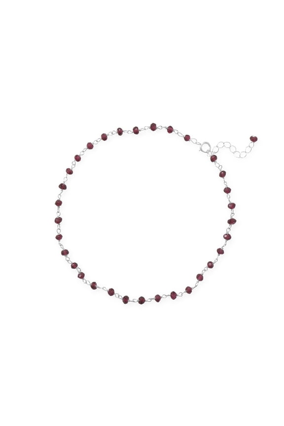 Sterling Silver Beaded Red Garnet Anklet- 9.5 Inches Long With 1 Inch Extension