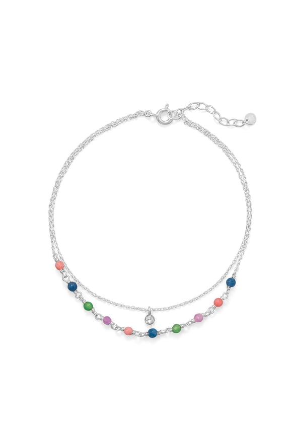 Sterling Silver Cubic Zirconia and Dyed Jade Beaded Anklet - 9 Inches Long With 1 Inch Extension